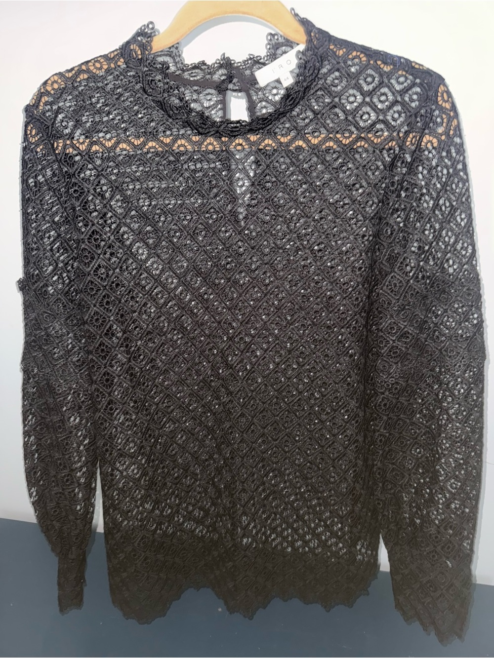 IRO Black Sheer Geometric Lace High Neck Long Sleeve Blouse Size 44